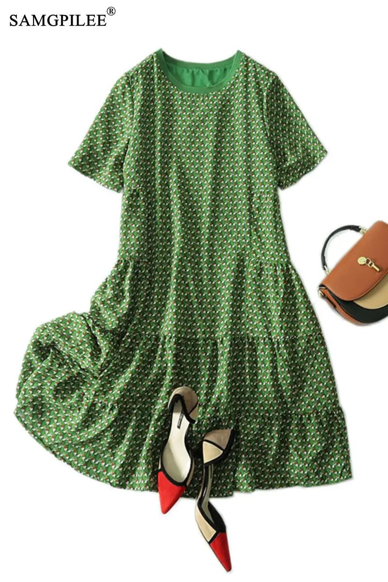 Summer Clothes For Women 2022 New Korean Style Fashion Thin Chiffon With Lining Printed Hem Pleated O Neck Woman Dress