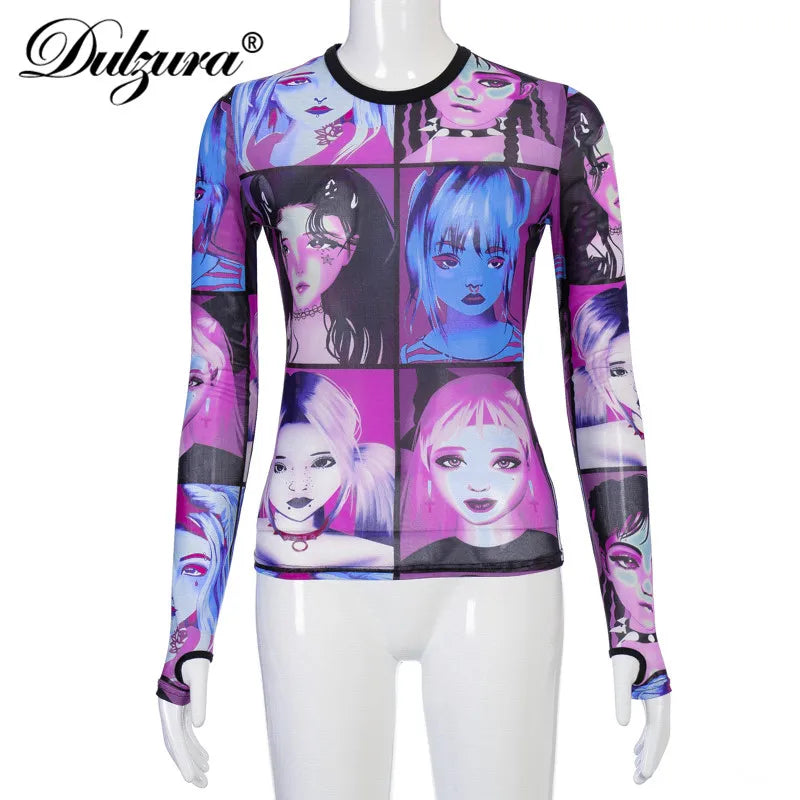 Dulzura mesh sheer women t shirt crop top Anime print long sleeve gloves patchwork bodycon sexy 2020 summer clothes party club