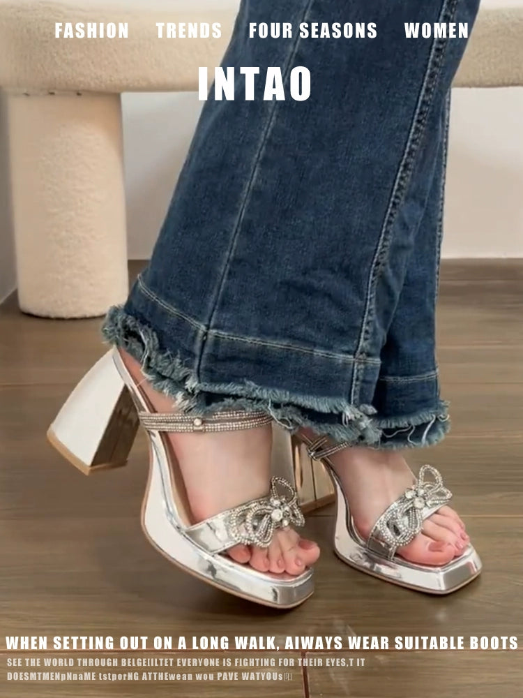 Silver Fairy Style Summer Rhinestone Two-Way Wear Chunky Heel Slippers