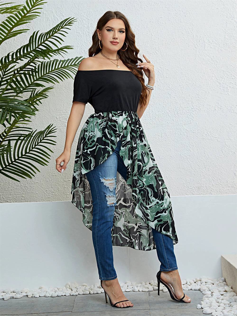 Women Summer plus Size Dress Summer plus Size off Shoulder Irregular Cinched Dress