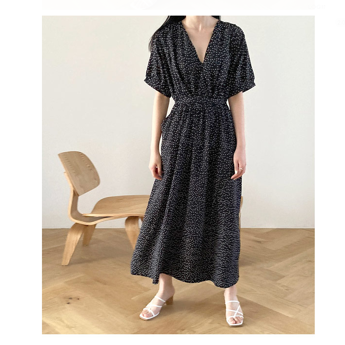 European Station New Summer plus Size Women's Clothes Polka Dot V Neck Short Sleeve Waist Dress Slim Polka Dot Large Swing Dress