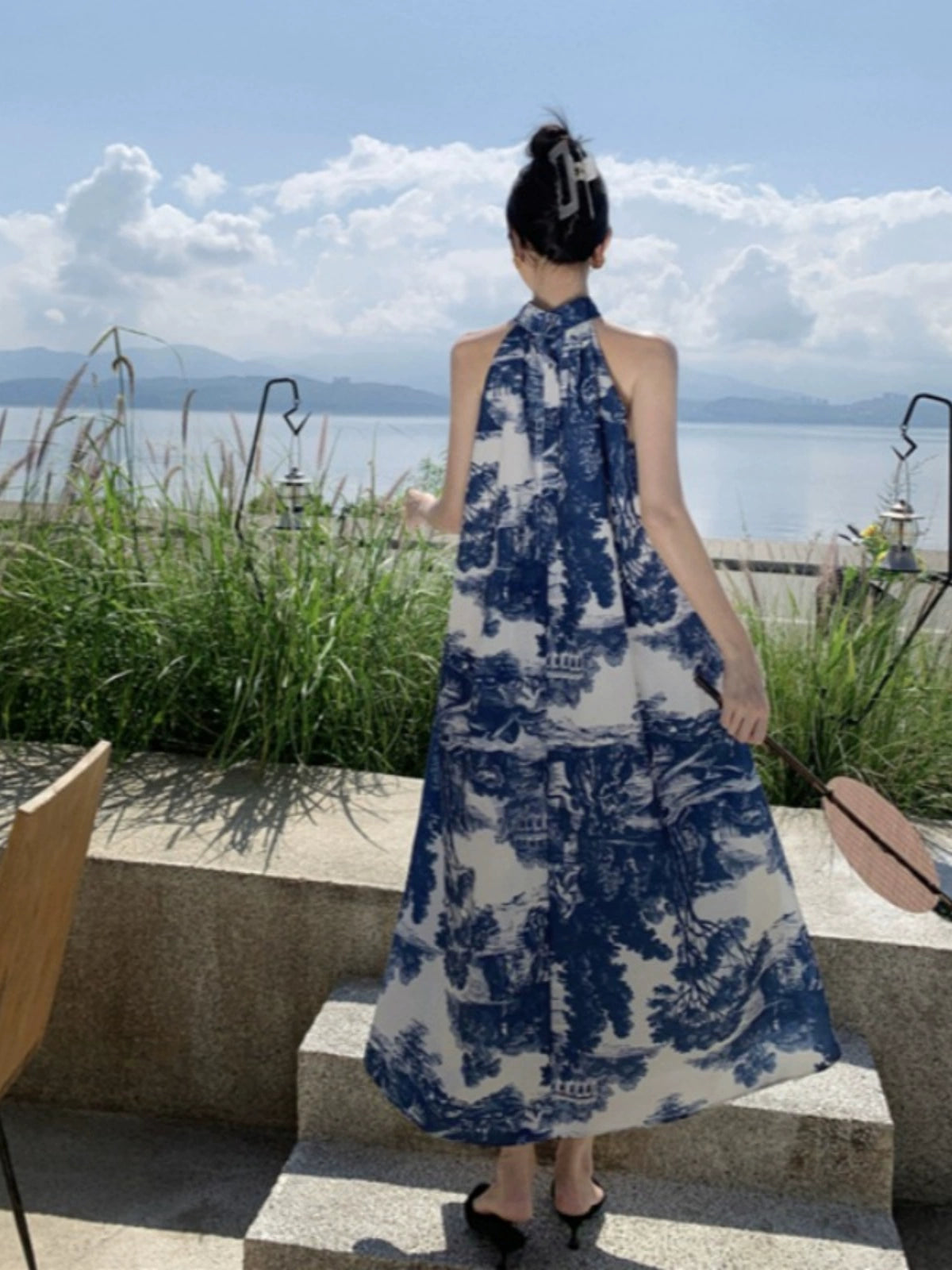 Sanya Loose plus Size Blue and White Porcelain Ink Painting Dress