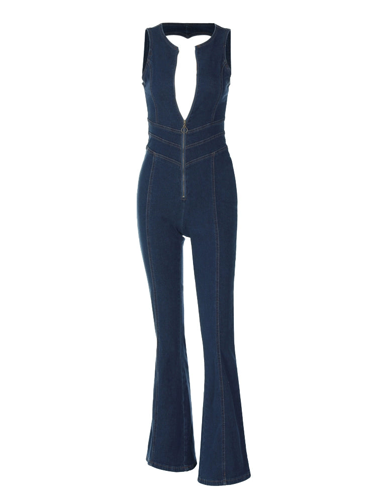 Shemoda Fashion Style Zipper Half-Open Collar Blue Parka Denim Jumpsuit Women's Sexy Backless Skinny Trousers