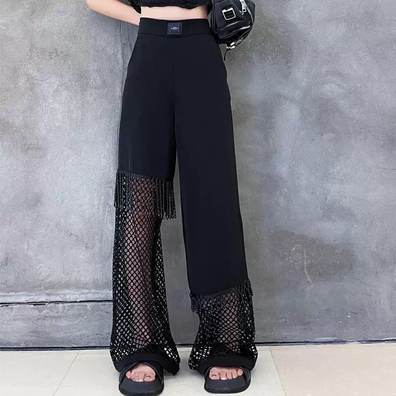 Plus Size 150.00kg Cut Out Mesh Loose Slim Looking Casual Pants Women's Summer Chubby Girl Pants Drooping Straight Wide Leg Pants Ins