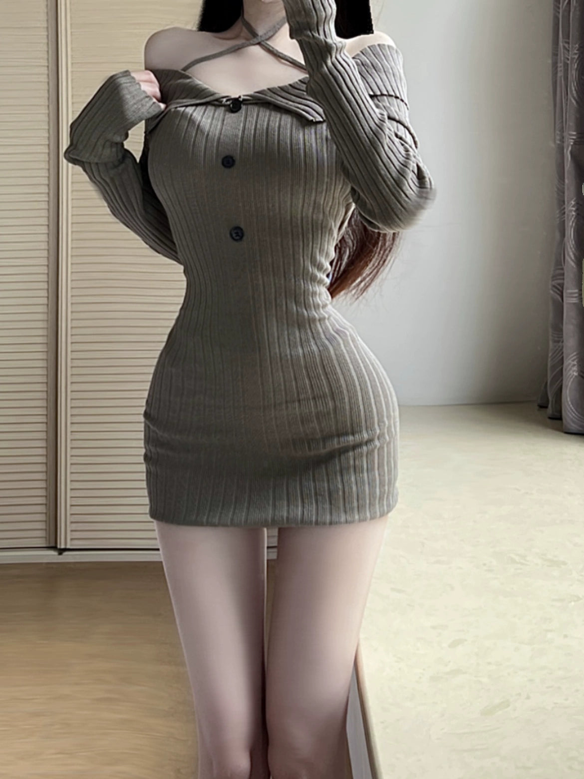 Sexy Dress Women Autumn New Long Sleeve Bodycon Dress Slimming Knitted Tight off Shoulder Fashion Party Little Dress