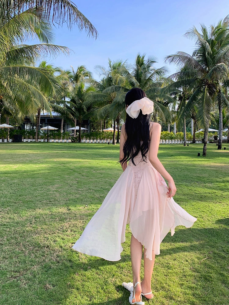 Chiffon Pink Irregular Dress Summer Sling