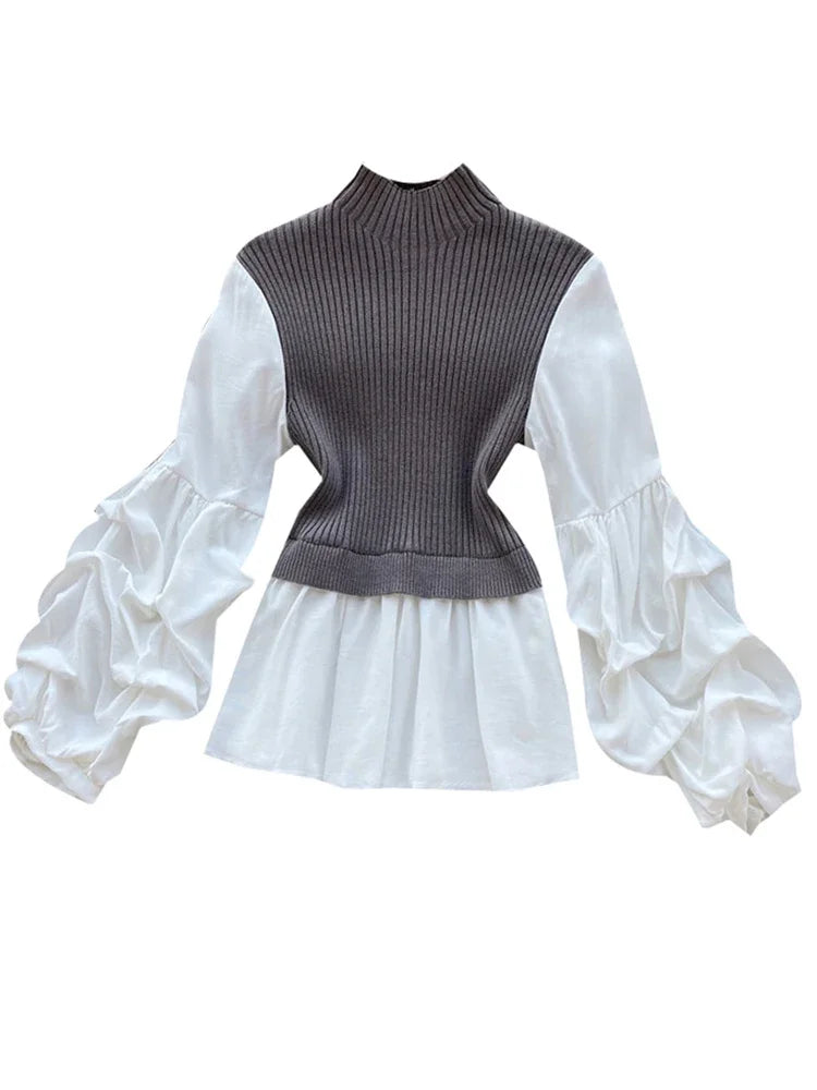 Women's Knit Patchwork Fake Two-Piece Tops Slim Fit Lantern Sleeved Shirt Tide Turtleneck Pullovers Sweater Tops ML574