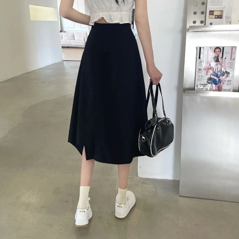 Black Irregular Skirt Women Spring Summer Elastic Waist Thin Mid-length Umbrella Skirts Plus Size Bottoms Vintage Y2k Clothes