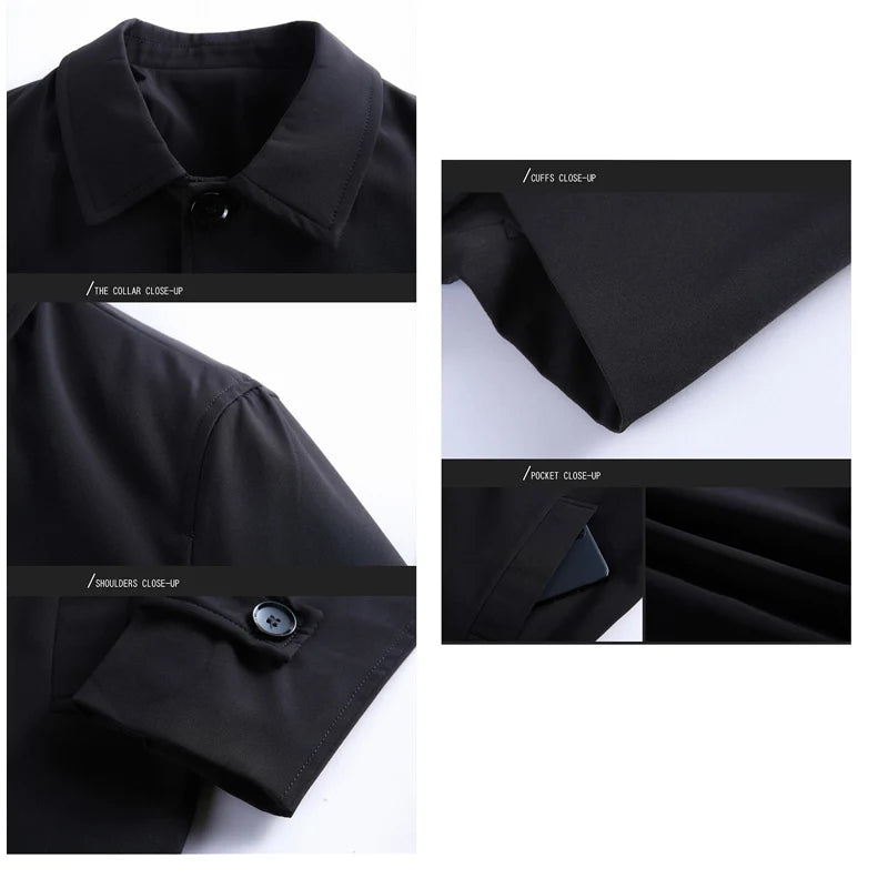 BROWON Brand Business Casual Trench Coats Men Turn-Down Collar Solid Color Long Mens Jacket 2024 Fashion Windbreaker Clothes Men
