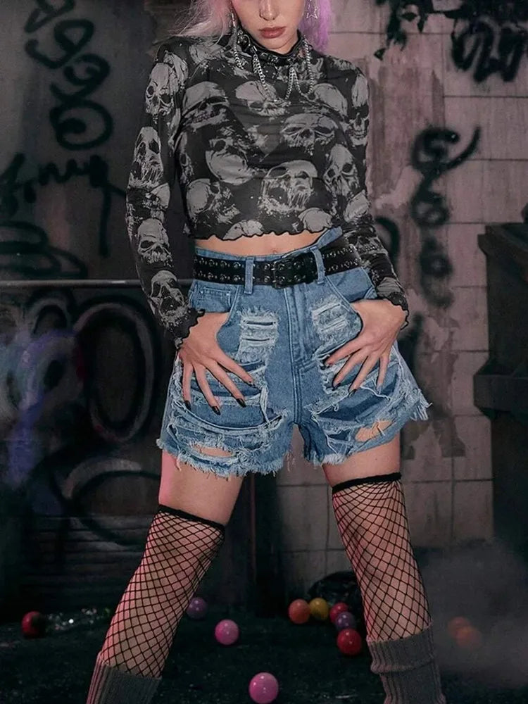 Yangelo Mall Gothic Skull Print T-shirt Female Y2K See Through Punk Crop Tops E-girls Grunge Street Clothes