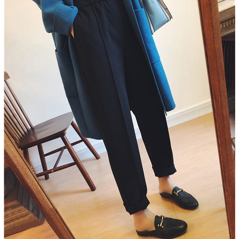 NIJIUDING 2020 Winter Korean Style Thickened Woolen Harem Pants Women Casual Elastic High Waist Loose Straight Casual Trousers