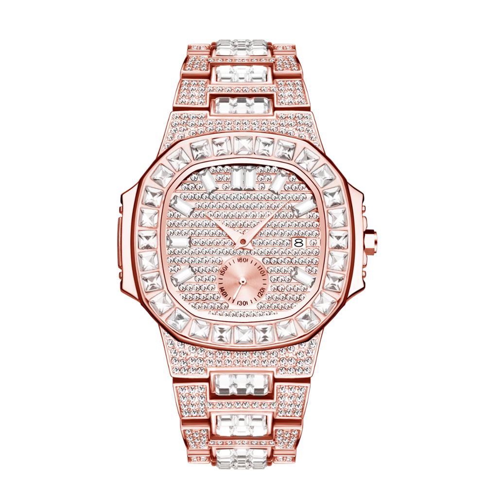 MISSFOX Luxury Men Watch Gold 18K Model Fully Paved Baguette Diamond Mens Watches Waterproof Calendar Male Clock Hours