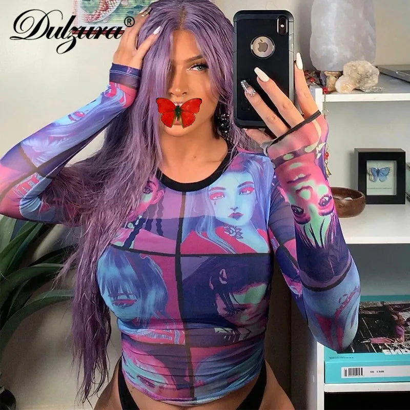 Dulzura mesh sheer women t shirt crop top Anime print long sleeve gloves patchwork bodycon sexy 2020 summer clothes party club