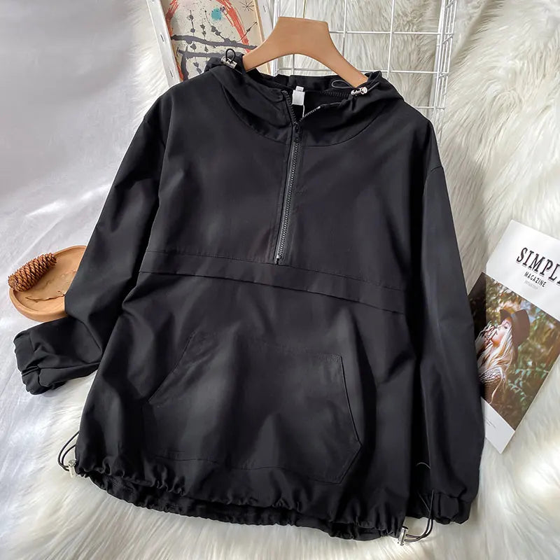 2021 New Spring Clothes Lazy Style Top Women's Black Half Zipper Hooded Sportswear