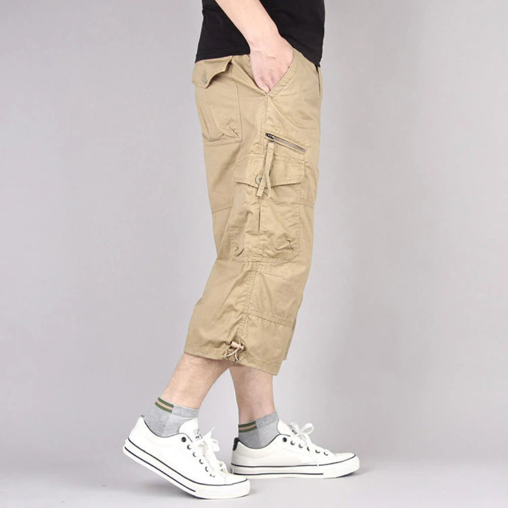 Summer Men's Casual Cotton Cargo Shorts Overalls Long Length Multi Pocket Hot breeches Military Capri Pants Male Cropped Pants