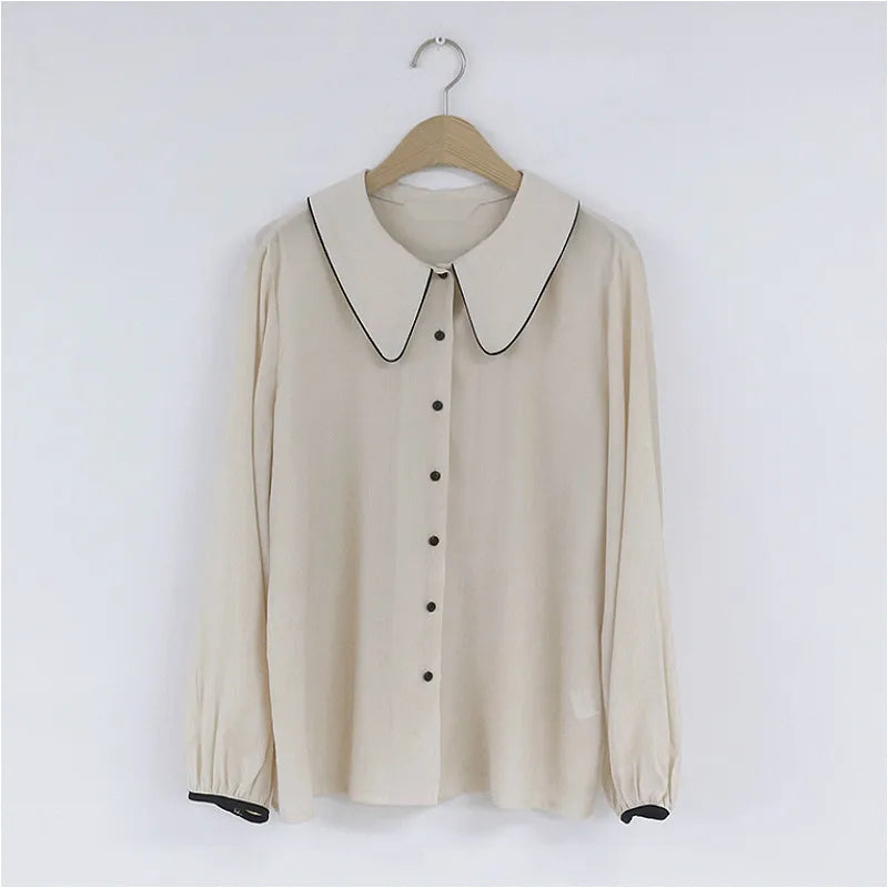 Blouses Women Leisure Spring Clothes Ulzzang Aesthetic Ins Charm Patchwork Peter Pan Collar All-match Chic Design Kawaii Popular
