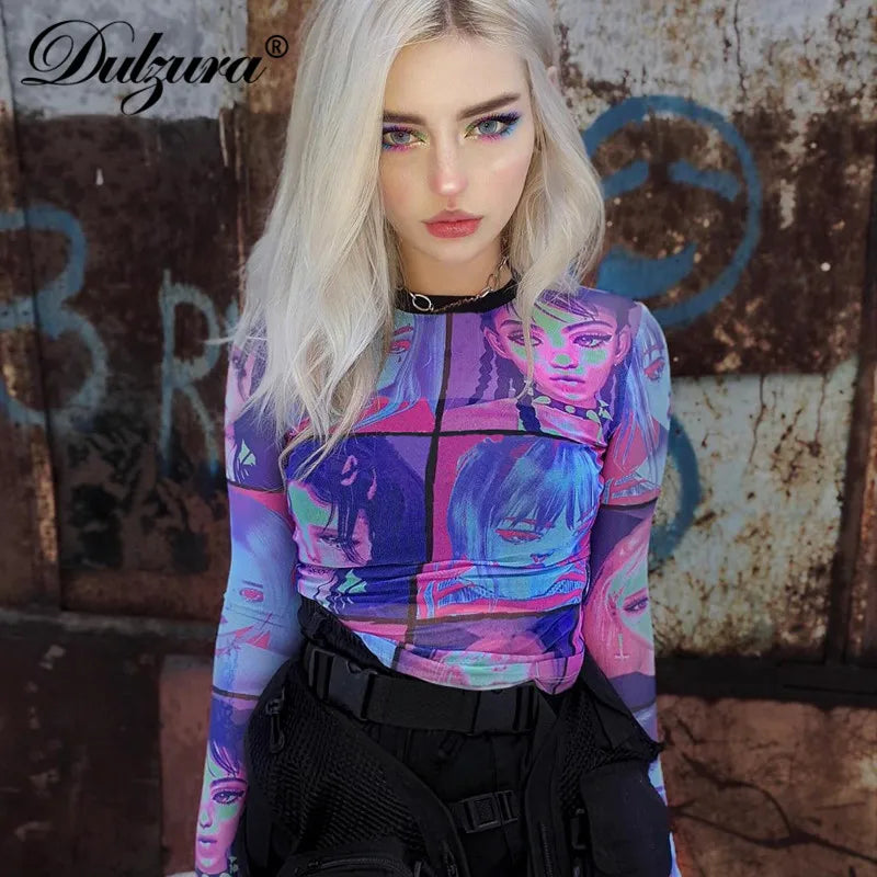 Dulzura mesh sheer women t shirt crop top Anime print long sleeve gloves patchwork bodycon sexy 2020 summer clothes party club