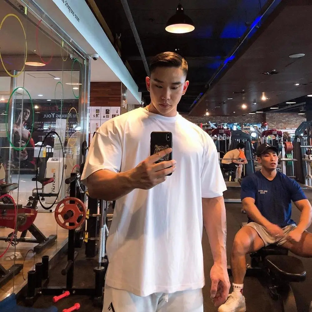 Casual Cotton Printed t shirt Men Gym Fitness Short sleeve Loose T-shirt Male Workout Black Tees Tops Plus size Summer Clothes