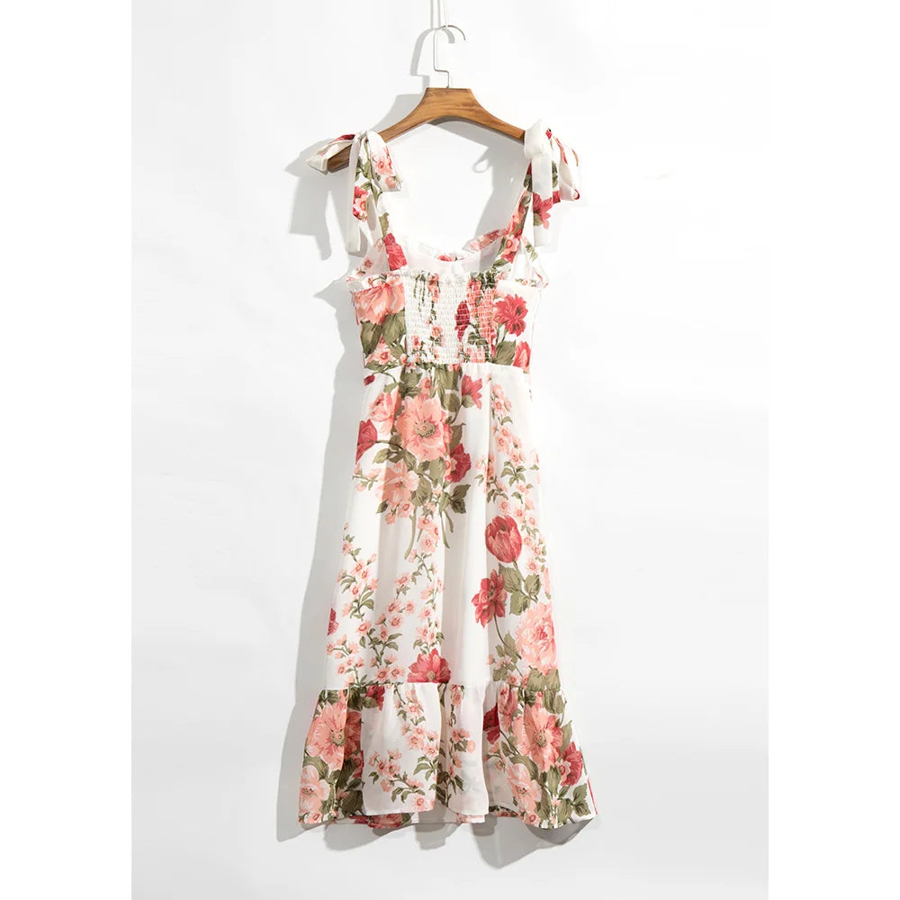 Summer Clothes For Women Boho Floral Print Beach Dress Sweetheart Neck Strap Tie Ruffle Hem Elegant Vintage Chiffon Midi Dress