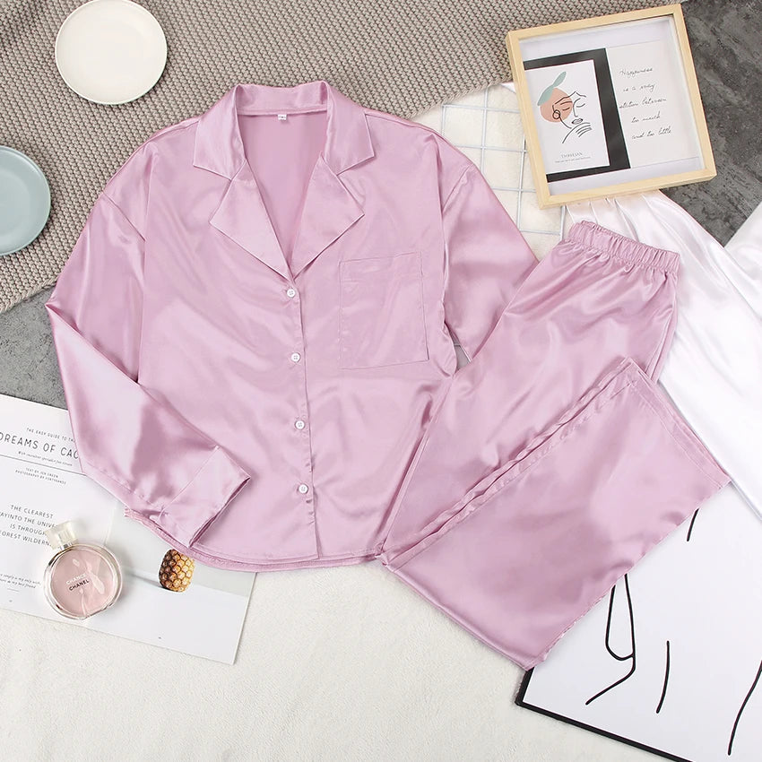 HiLoc Casual High Waist Trouser Suits Turn Down Collar Sleepwear Summer Clothes Women 2021 Casual Sets Long Sleeve Satin Nightie