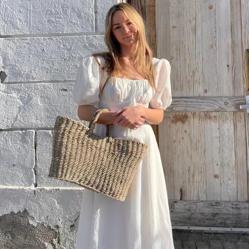 Summer Clothes For Women Dresses Square Neck Tie Vintage Cotton Long White Dress Short Puff Sleeve Casual Maxi Dress With Slit