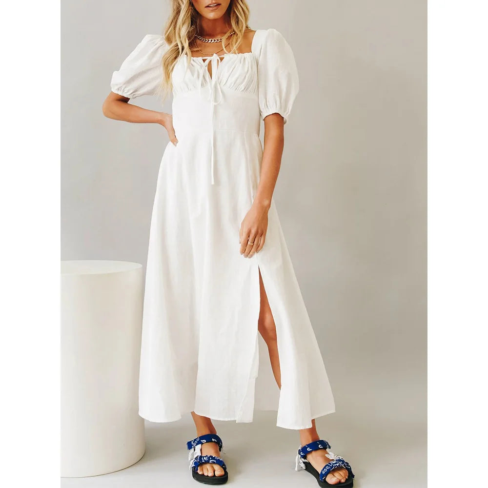 Summer Clothes For Women Dresses Square Neck Tie Vintage Cotton Long White Dress Short Puff Sleeve Casual Maxi Dress With Slit