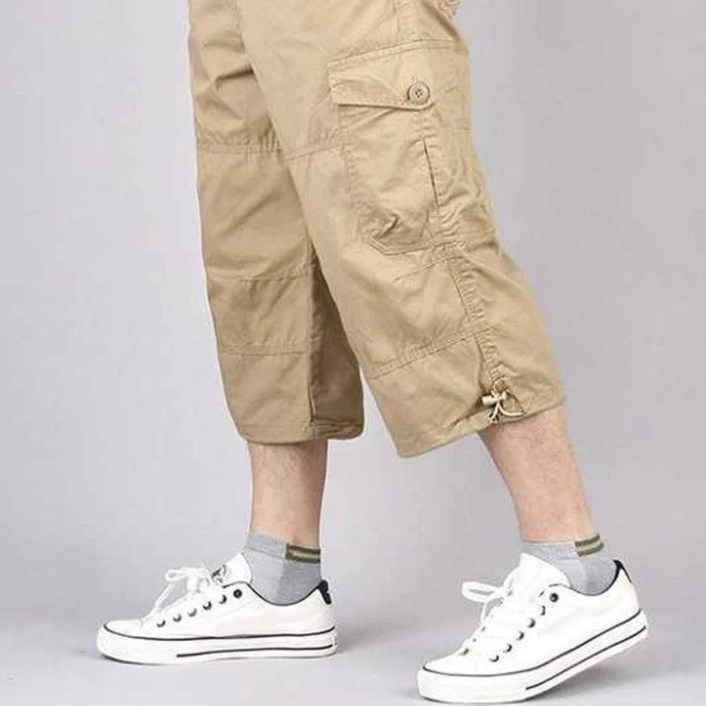 Summer Men's Casual Cotton Cargo Shorts Overalls Long Length Multi Pocket Hot breeches Military Capri Pants Male Cropped Pants