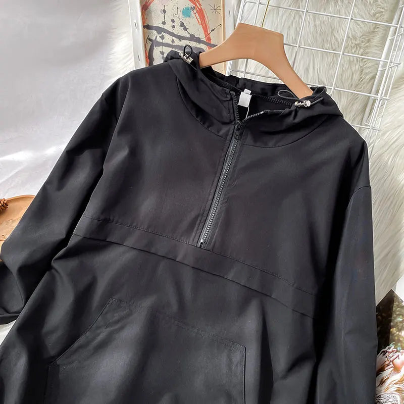 2021 New Spring Clothes Lazy Style Top Women's Black Half Zipper Hooded Sportswear