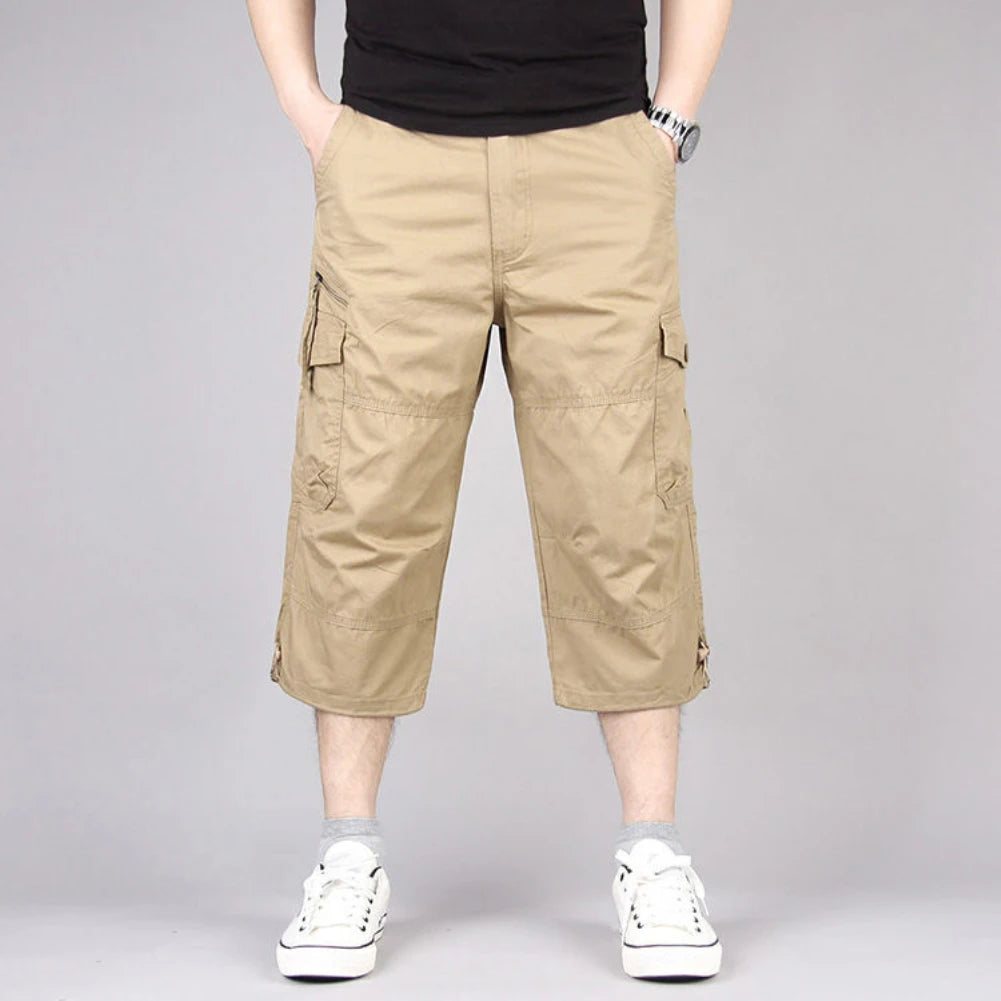 Summer Men's Casual Cotton Cargo Shorts Overalls Long Length Multi Pocket Hot breeches Military Capri Pants Male Cropped Pants