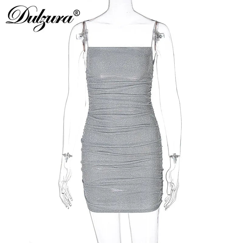 Dulzura Bling Glitter Sequins Women Strap Mini Dress Ruched Bodycon Sexy Party Elegant Club Streetwear 2021 Summer Clothes Slim