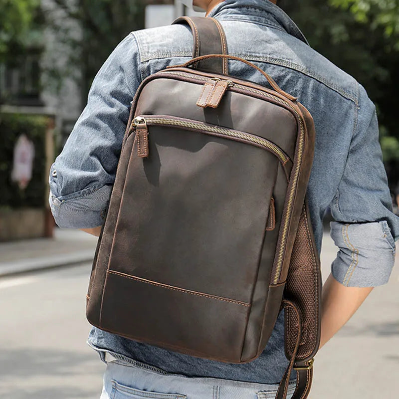 Vintage Backpack Genuine Leather Men's travel bagapck 16 inch laptop bagpack travel bag with belt on luggage school bag