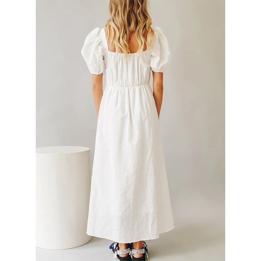 Summer Clothes For Women Dresses Square Neck Tie Vintage Cotton Long White Dress Short Puff Sleeve Casual Maxi Dress With Slit