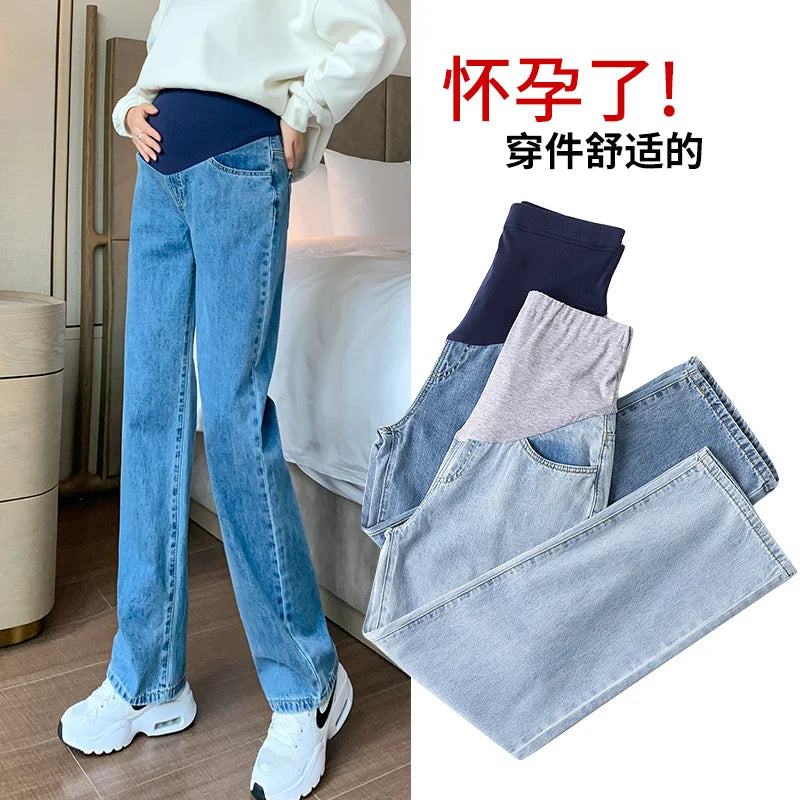 8953# Autumn Fashion Denim Maternity Straight Long Jeans Wide Leg Loose belly Pants Clothes for Pregnant Women Pregnancy Casual