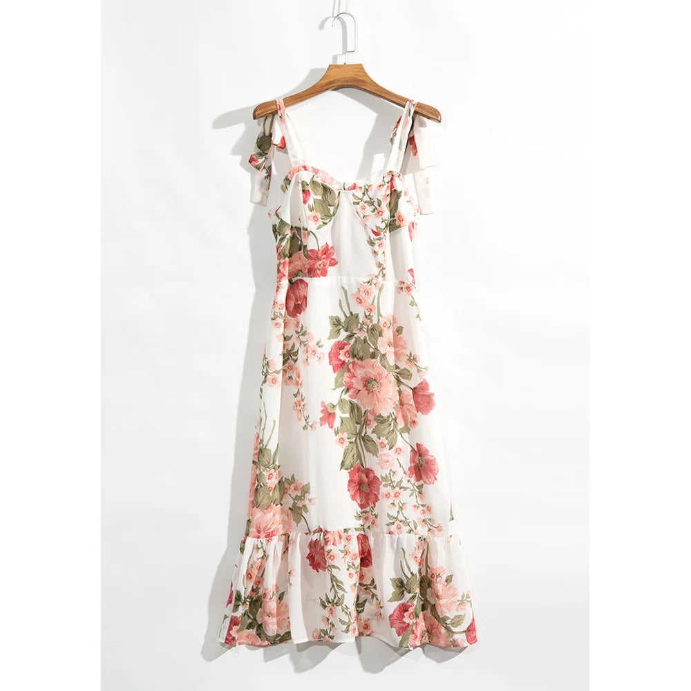 Summer Clothes For Women Boho Floral Print Beach Dress Sweetheart Neck Strap Tie Ruffle Hem Elegant Vintage Chiffon Midi Dress