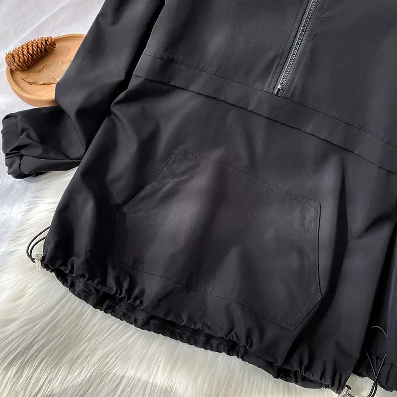 2021 New Spring Clothes Lazy Style Top Women's Black Half Zipper Hooded Sportswear