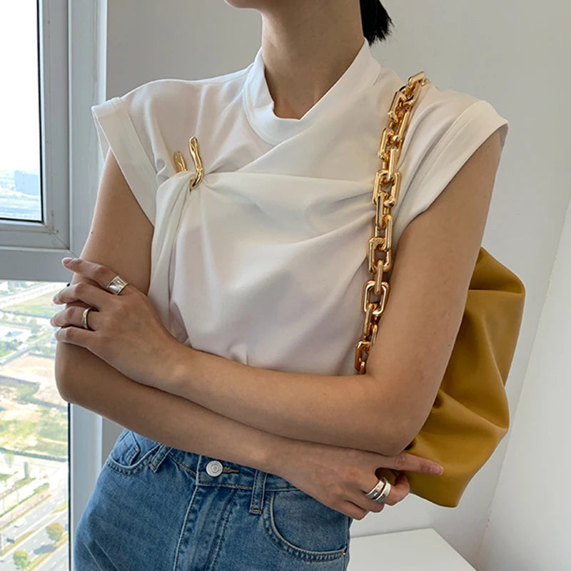 CHICEVER Casual Ruched Women's Tank Tops Stand Collar Sleeveless Irregular Large Size Loose Vests Female 2022 Summer Clothes New