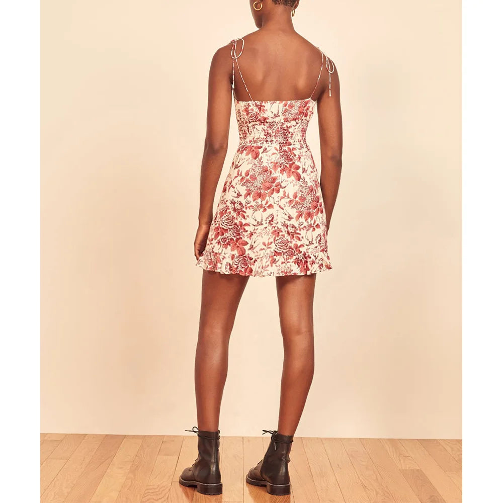 Summer Clothes For Women Ruffle Hem Elegant Vintage Floral Print Dress Frill Edge V Neck Sleeveless Tie Strap Sexy Mini Dress