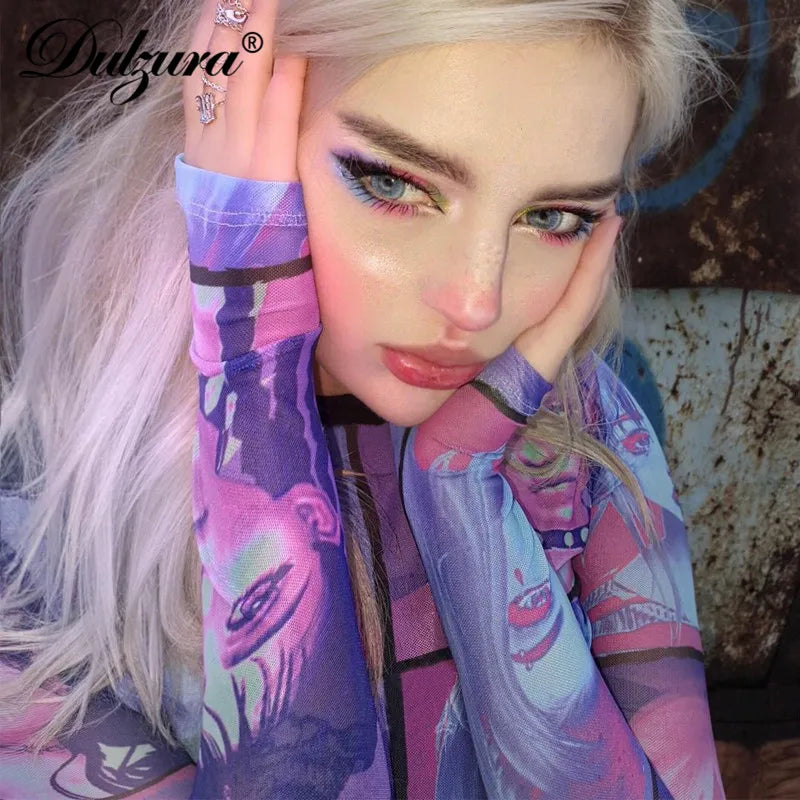 Dulzura mesh sheer women t shirt crop top Anime print long sleeve gloves patchwork bodycon sexy 2020 summer clothes party club