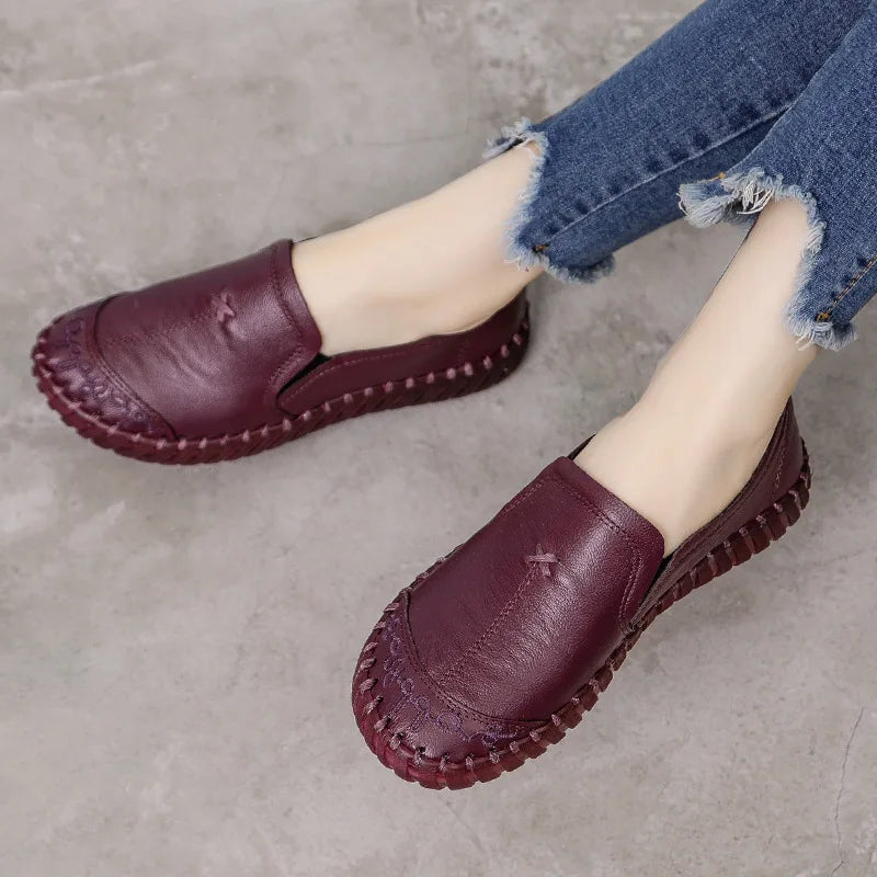 Spring Ladies Genuine Leather Handmade Shoes Women Hook &Loop Flat Shoes Women 2019 Autumn Soft Loafers Flats fgb5