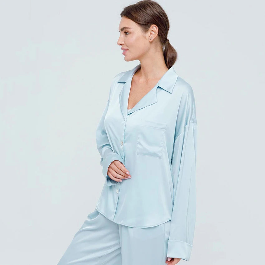HiLoc Casual High Waist Trouser Suits Turn Down Collar Sleepwear Summer Clothes Women 2021 Casual Sets Long Sleeve Satin Nightie