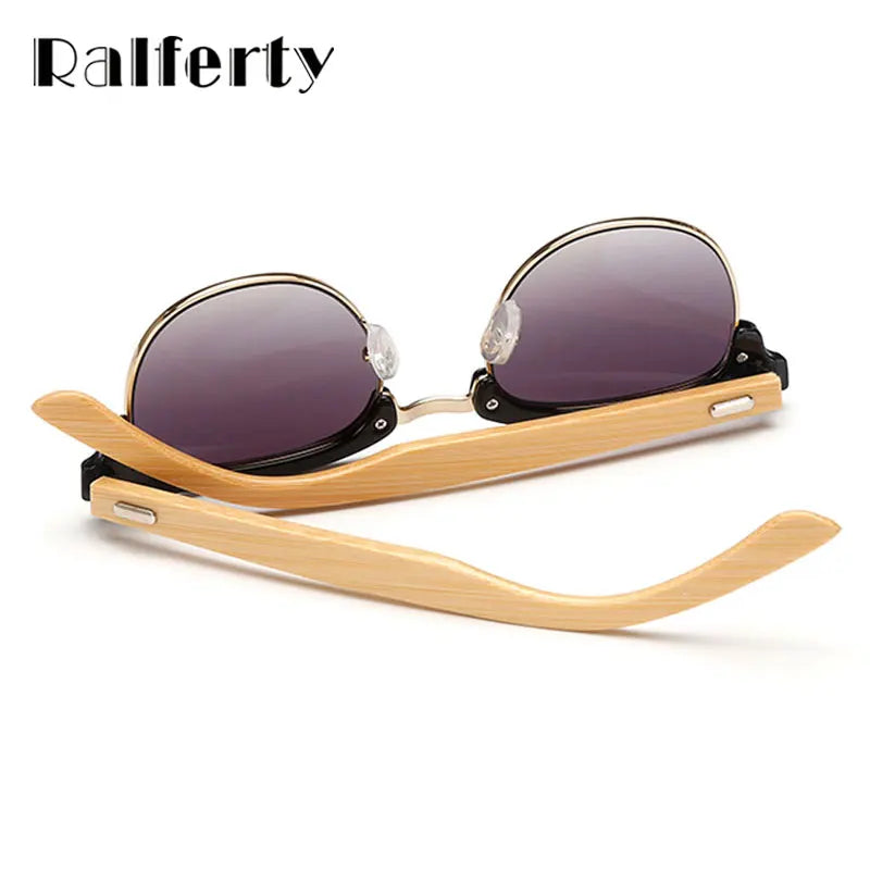 Ralferty Semi-rimless Bamboo Sunglasses Women Men Wooden Temple Gradient Sun Glasses Sport Goggles Shades UV400 Eyewear K1509