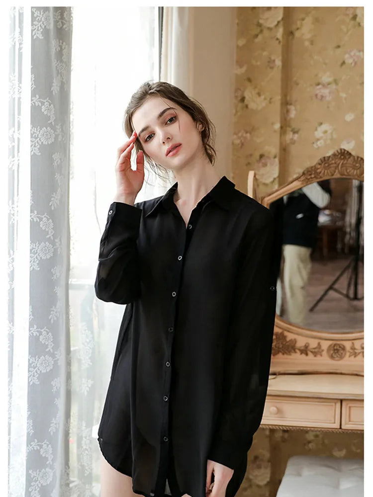 Loose Style Blouse Shirt Pink Sexy Sheer Women Loose Long Tops Chiffon Blouses Boyfriend Style Nightwear Lady Summer Clothes