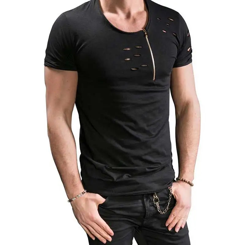 Hole ripped t shirts men short sleeve t-shirt fitness summer clothes men's funny solid tshirt streetwear slim tops tees