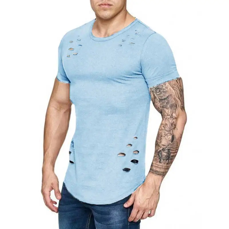 Hole ripped t shirts men short sleeve t-shirt fitness summer clothes men's funny solid tshirt streetwear slim tops tees