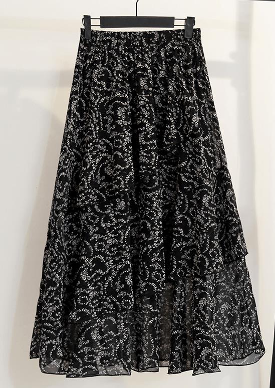 Casual Summer Skirts For Women New Loose Elastic High Waist Jupe Longue Femme Vintage Chiffon Ruffles Print Floral Pleated Skirt