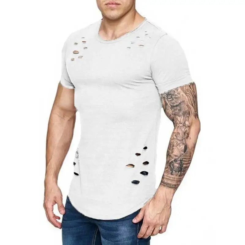 Hole ripped t shirts men short sleeve t-shirt fitness summer clothes men's funny solid tshirt streetwear slim tops tees