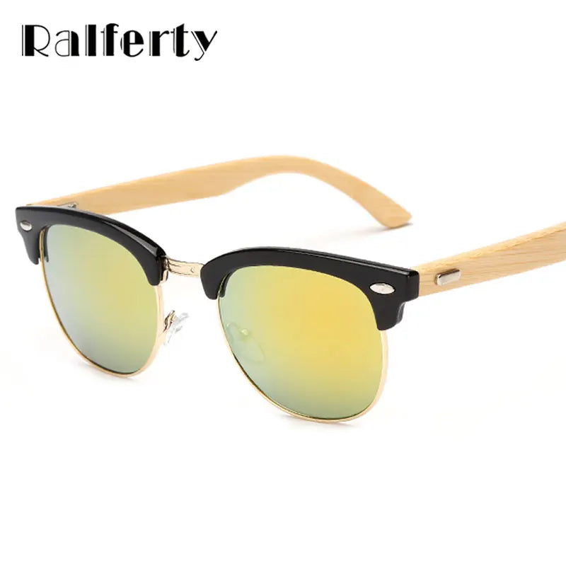 Ralferty Semi-rimless Bamboo Sunglasses Women Men Wooden Temple Gradient Sun Glasses Sport Goggles Shades UV400 Eyewear K1509