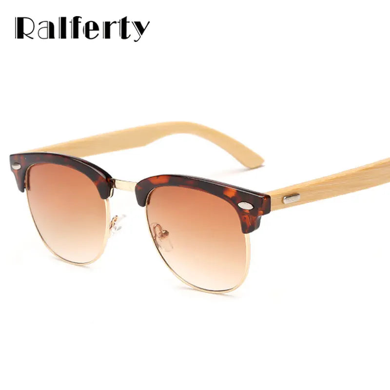 Ralferty Semi-rimless Bamboo Sunglasses Women Men Wooden Temple Gradient Sun Glasses Sport Goggles Shades UV400 Eyewear K1509