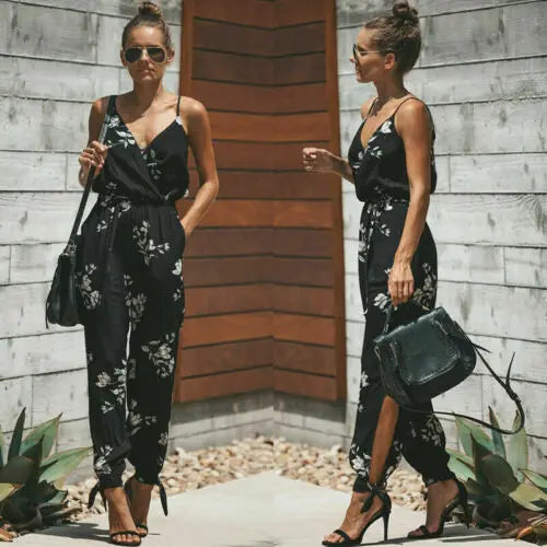 Women Casual Floral Strap Sleeveless V Neck Jumpsuit Romper Bodysuit Female Ladies Fashion Streetwear Woman Summer Clothes 2019