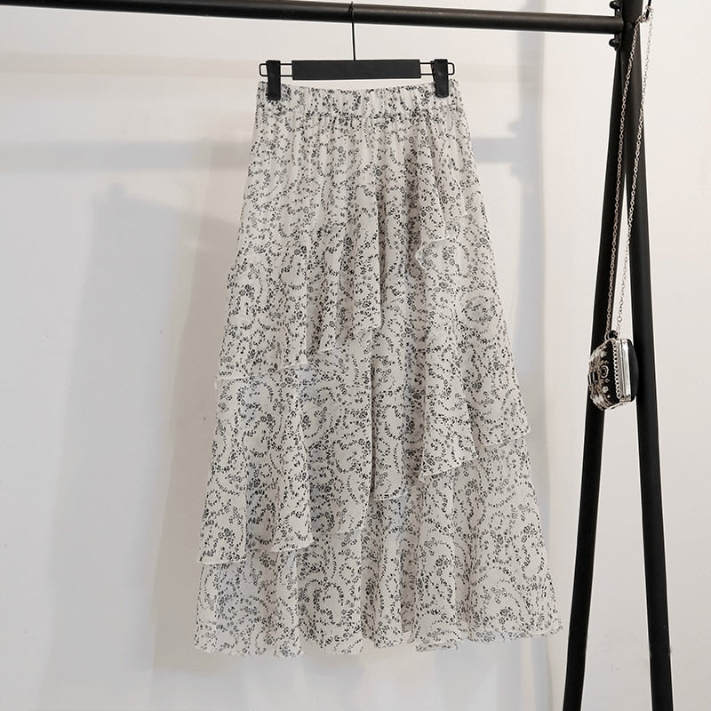 Casual Summer Skirts For Women New Loose Elastic High Waist Jupe Longue Femme Vintage Chiffon Ruffles Print Floral Pleated Skirt